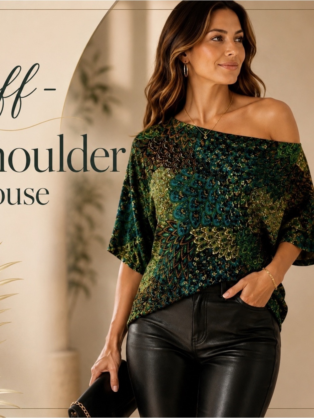 🦚Off-Shoulder Green Printed Women's Top - Effortless Elegance